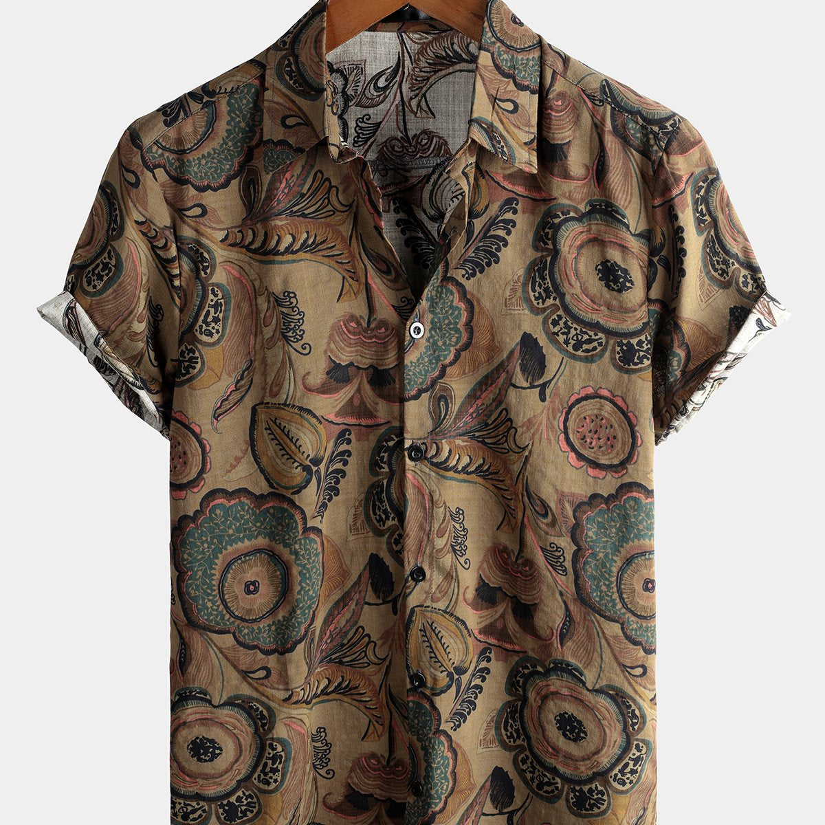 Men's Retro Casual Short Sleeve Cotton Brown Shirt