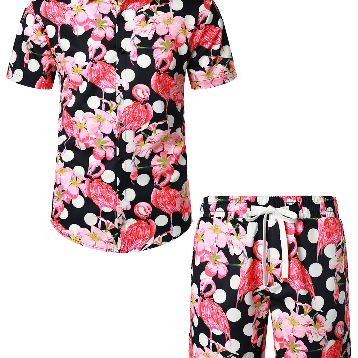 Men's Flamingo Polka Dot Pink and Black Hawaiian Outfit Shirt and Shorts Set