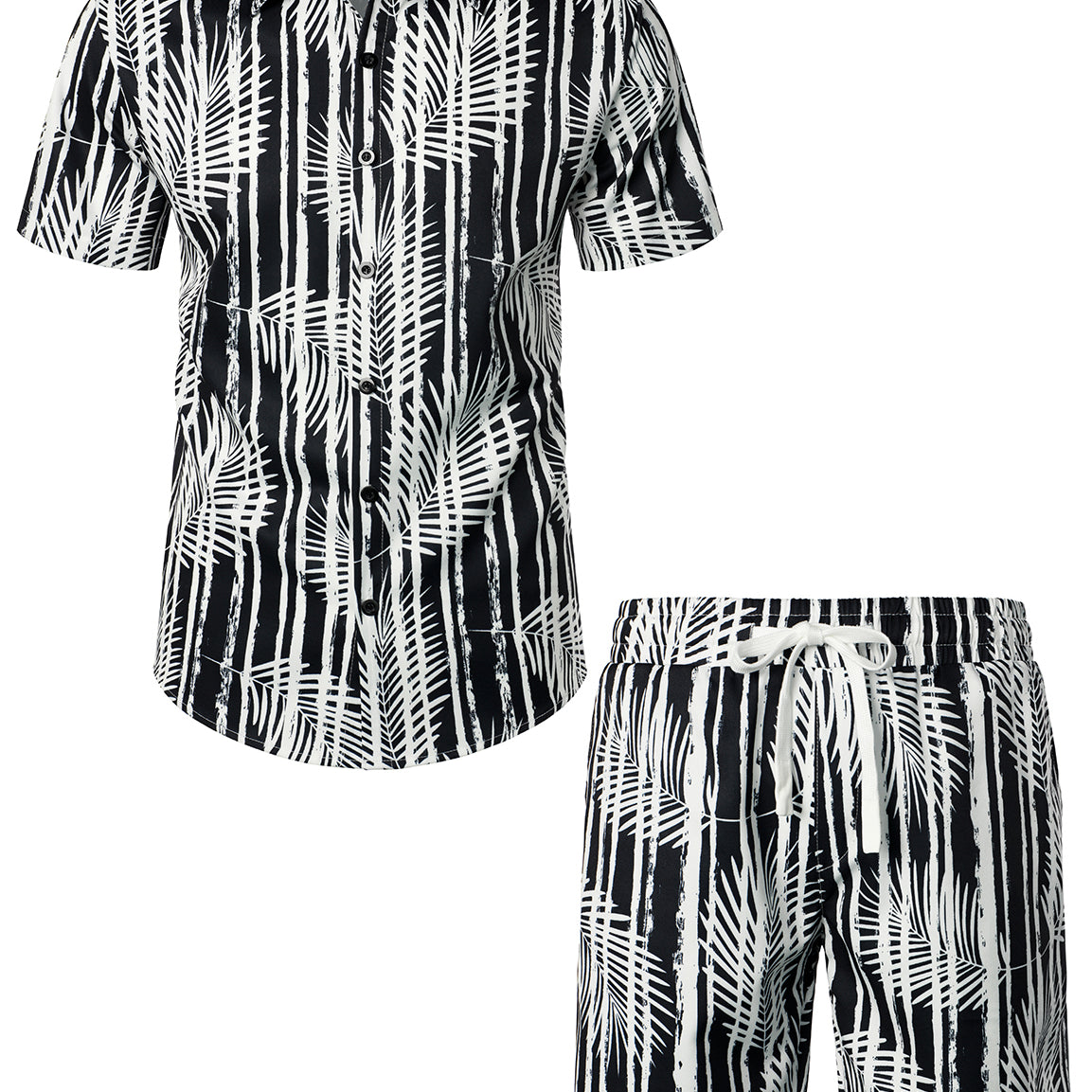 Men's Black Tropical Striped Art Print Summer Casual Hawaiian Matching Shirt and Shorts Set