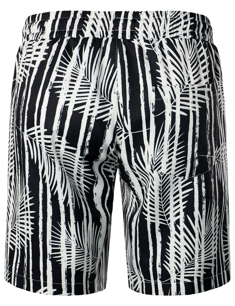 Men's Black Tropical Striped Art Print Summer Casual Hawaiian Matching Shirt and Shorts Set