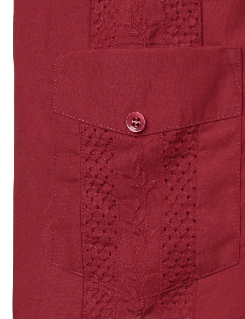 Men's Red Short Sleeve Pocket Cuban Guayabera Shirt