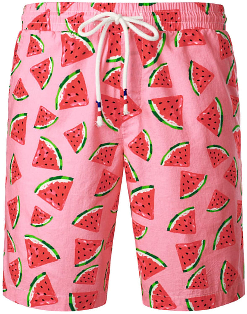 Men's Watermelon Print Cotton Hawaiian Pink Summer Matching Shirt and Shorts Set