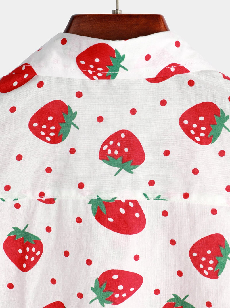 Men's Strawberry Print Fruit Cotton Button up Hawaiian Resort Cotton Collared Shirt