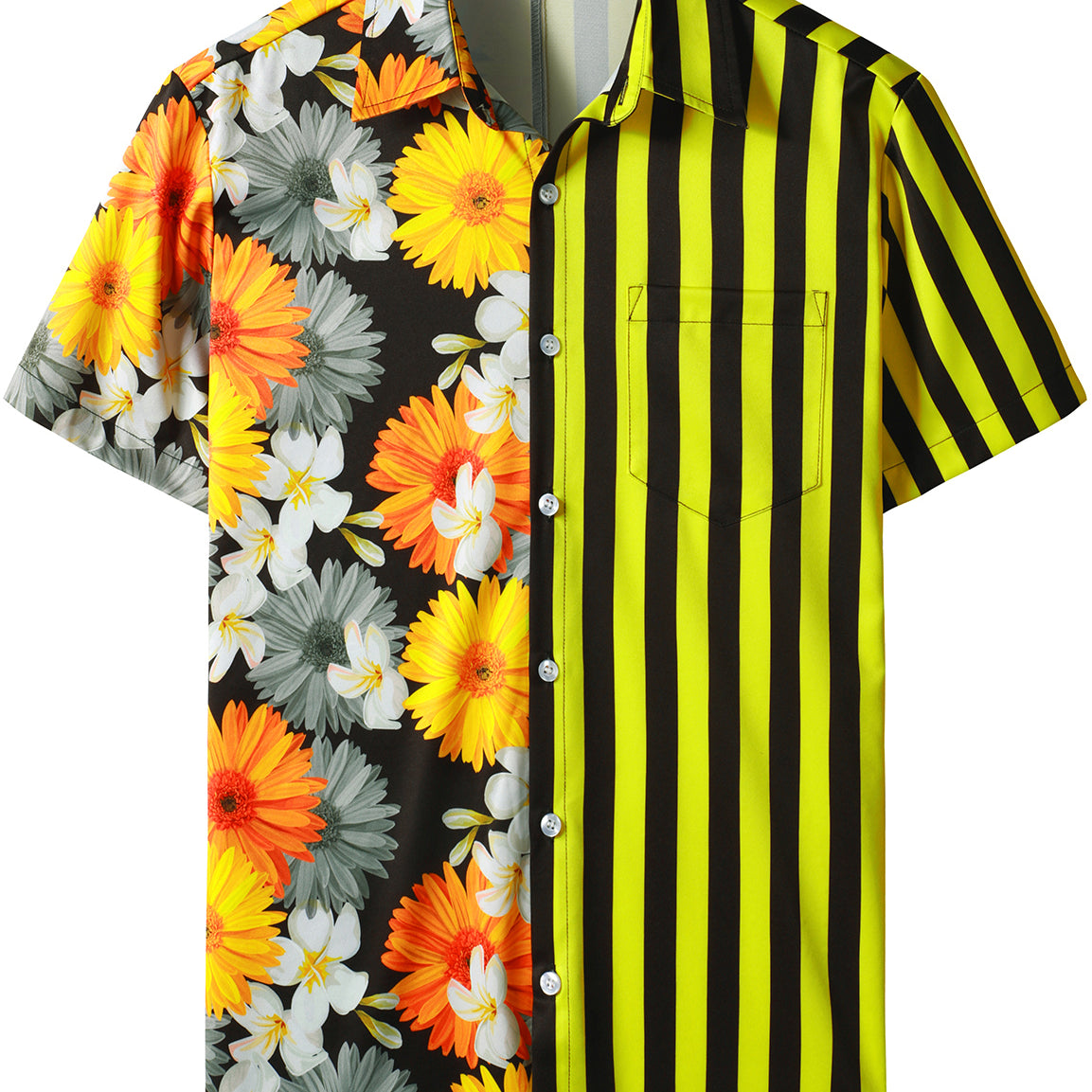 Men's Daisy Flowers Yellow Striped Print Floral Pocket Vacation Casual Short Sleeve Summer Shirt