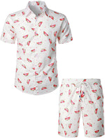 Men's Watermelon Print Cotton Tropical Fruit Hawaiian White Outfit Shirt and Shorts Set