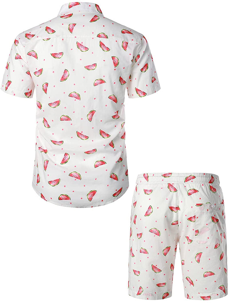 Men's Watermelon Print Cotton Tropical Fruit Hawaiian White Outfit Shirt and Shorts Set