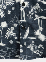 Men's Casual Cotton Pocket Print Navy Blue Short Sleeve Shirt