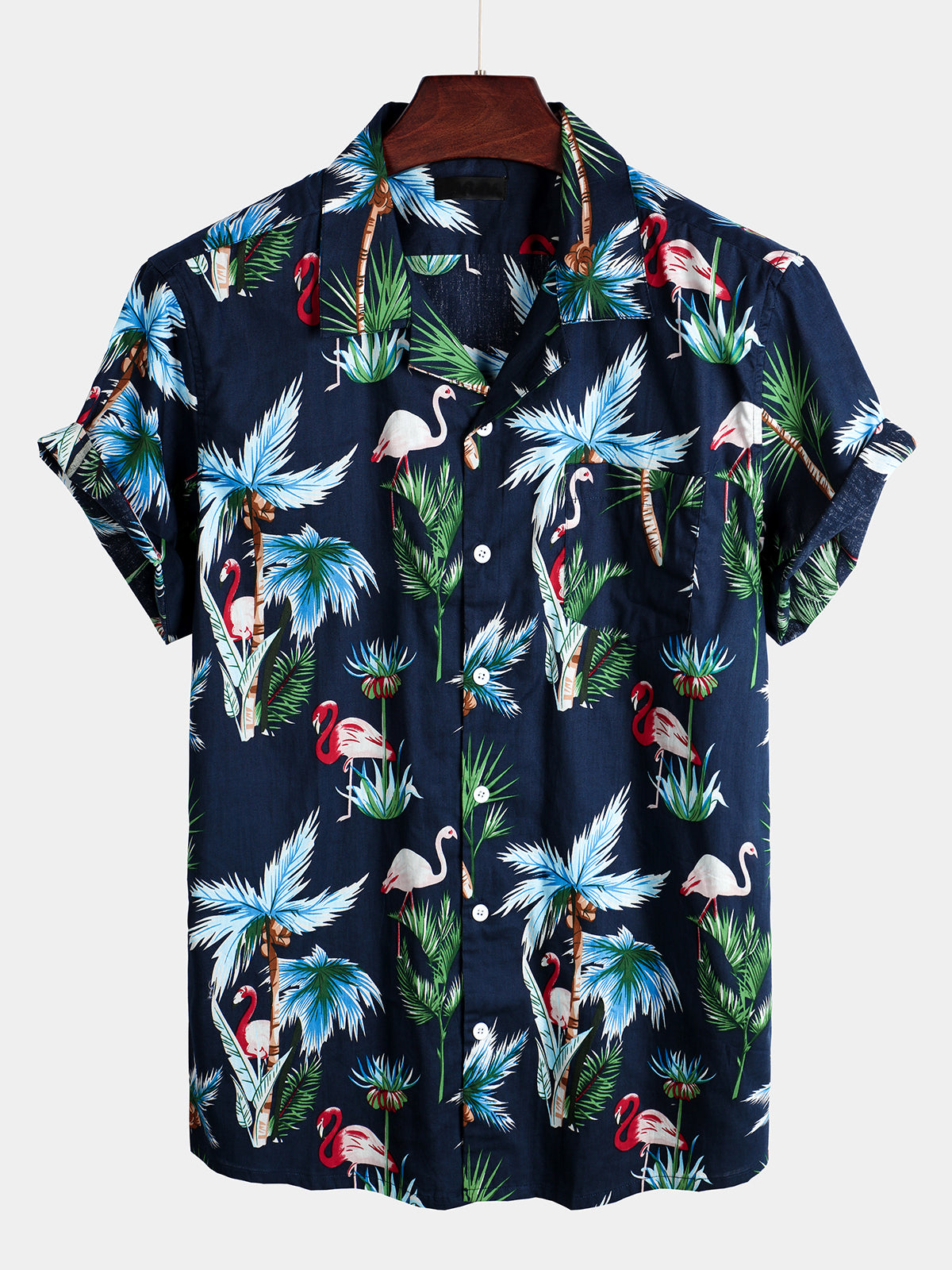 Men's Navy Blue Flamingo Print Cotton Hawaiian Short Sleeve Shirt