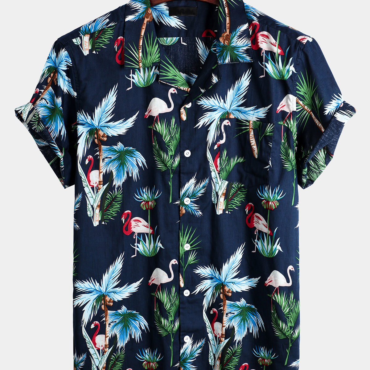 Men's Navy Blue Flamingo Print Cotton Hawaiian Short Sleeve Shirt