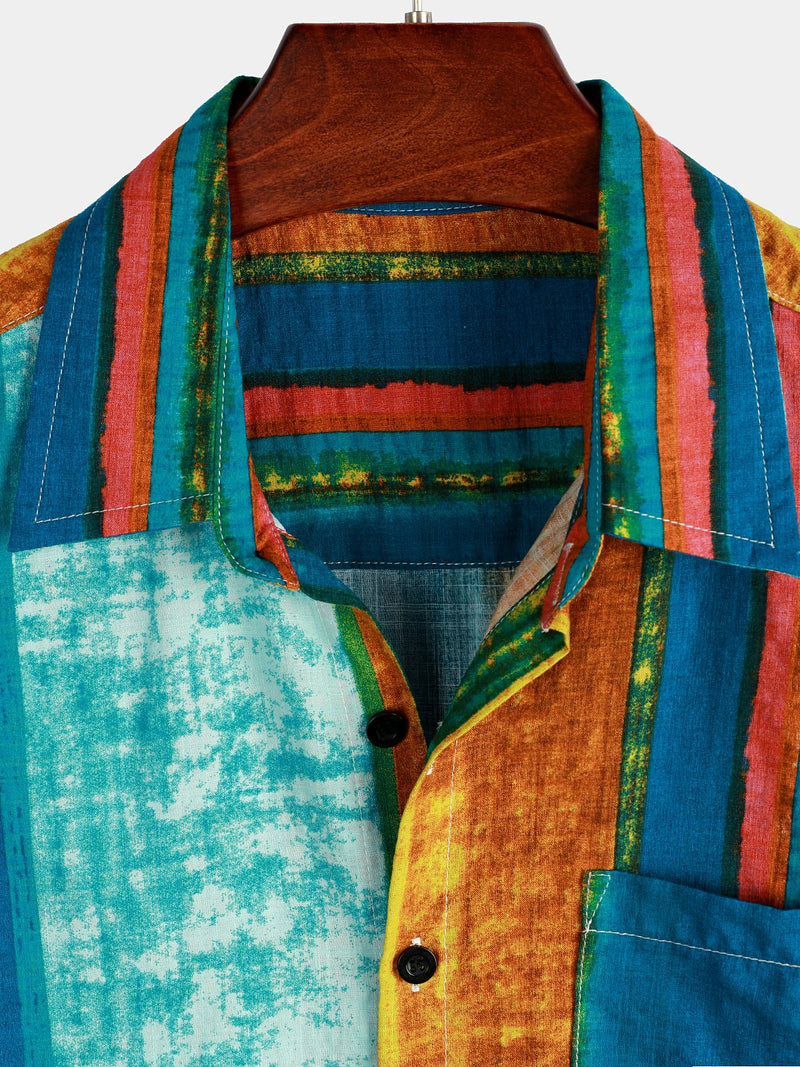 Men's Colorful Breathable Cotton Pocket Short Sleeve Striped Shirt