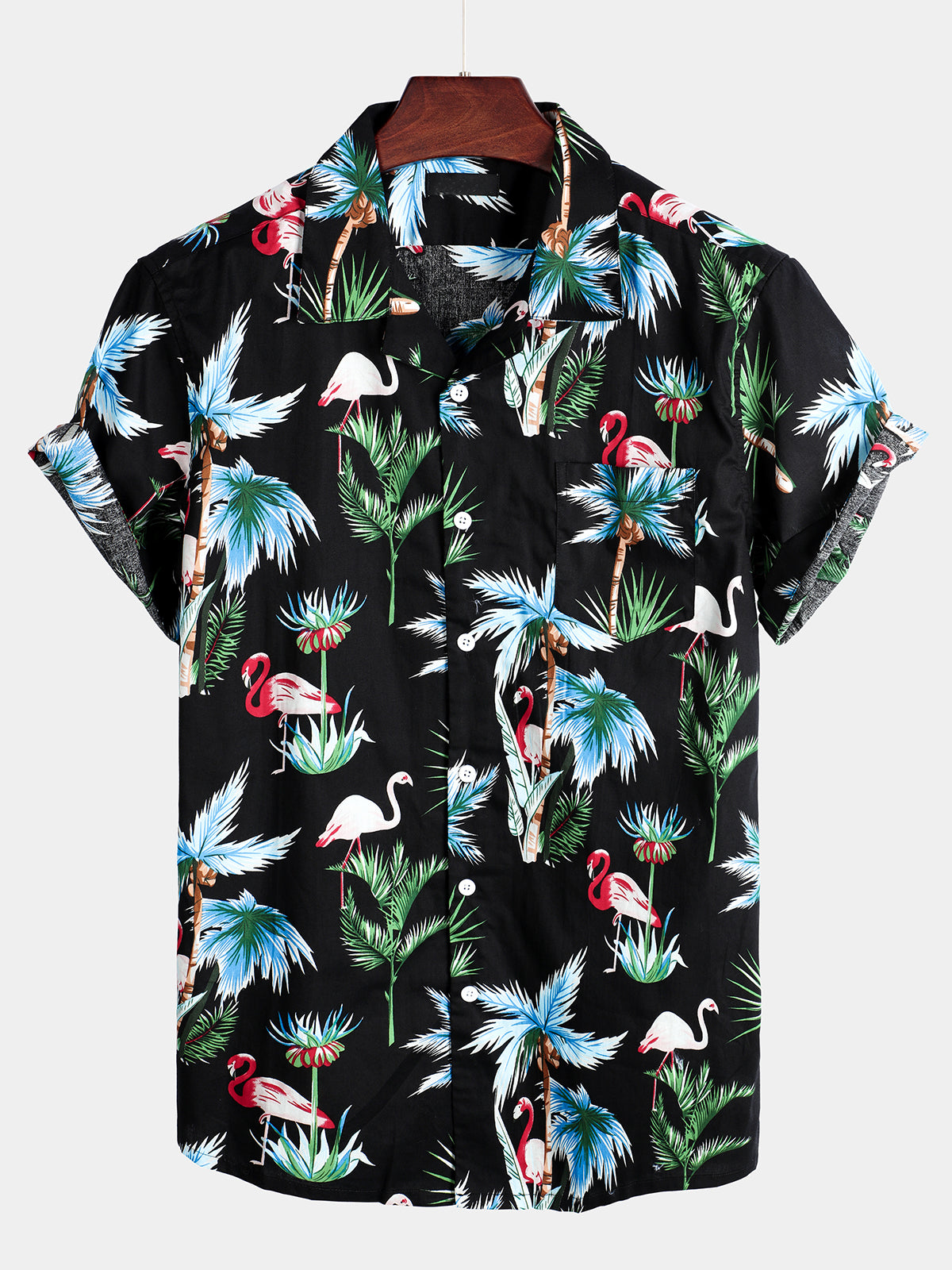 Men's Black Flamingo Print Cotton Hawaiian Short Sleeve Shirt