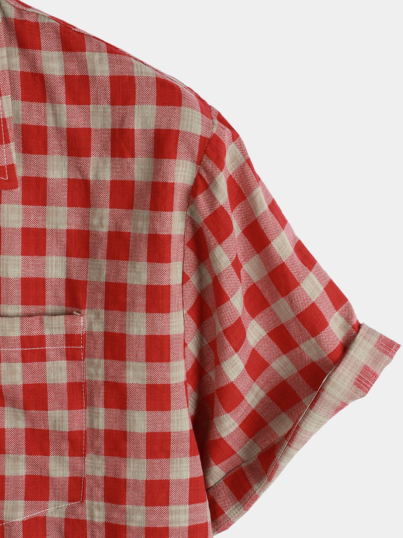 Men's Check Print Cotton Pocket Short Sleeve Shirt