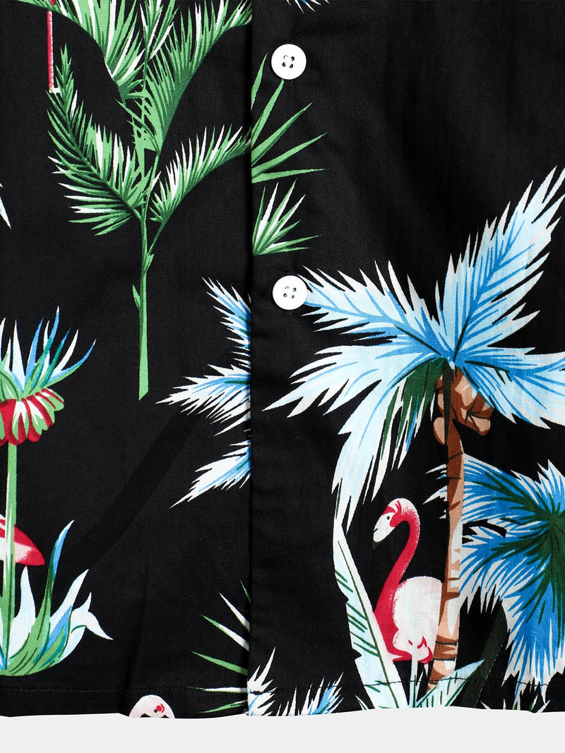 Men's Black Flamingo Print Cotton Hawaiian Short Sleeve Shirt