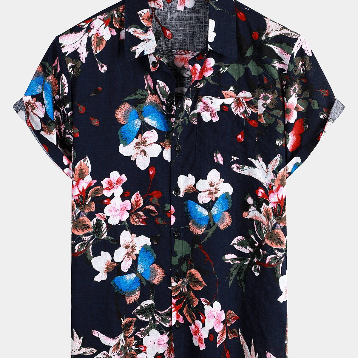 Men's Floral Breathable Cotton Pocket Short Sleeve Shirt