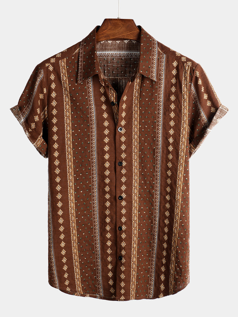 Men's Brown Retro Cotton Button Up 70s Short Sleeve Shirt