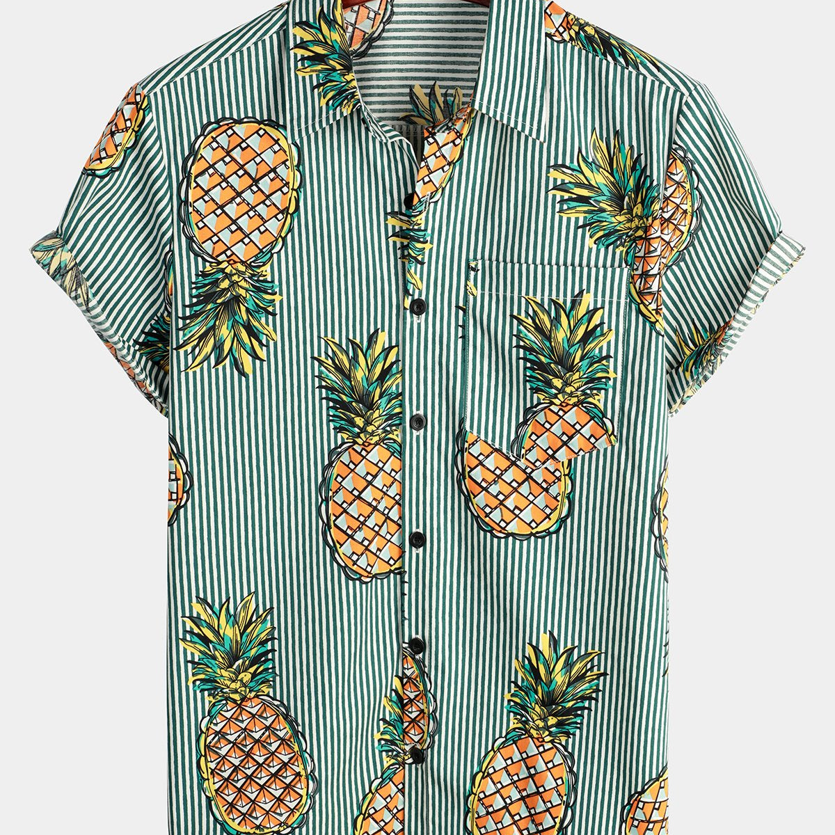 Men's Casual Pineapple Stripe Pocket Cotton Striped Shirt