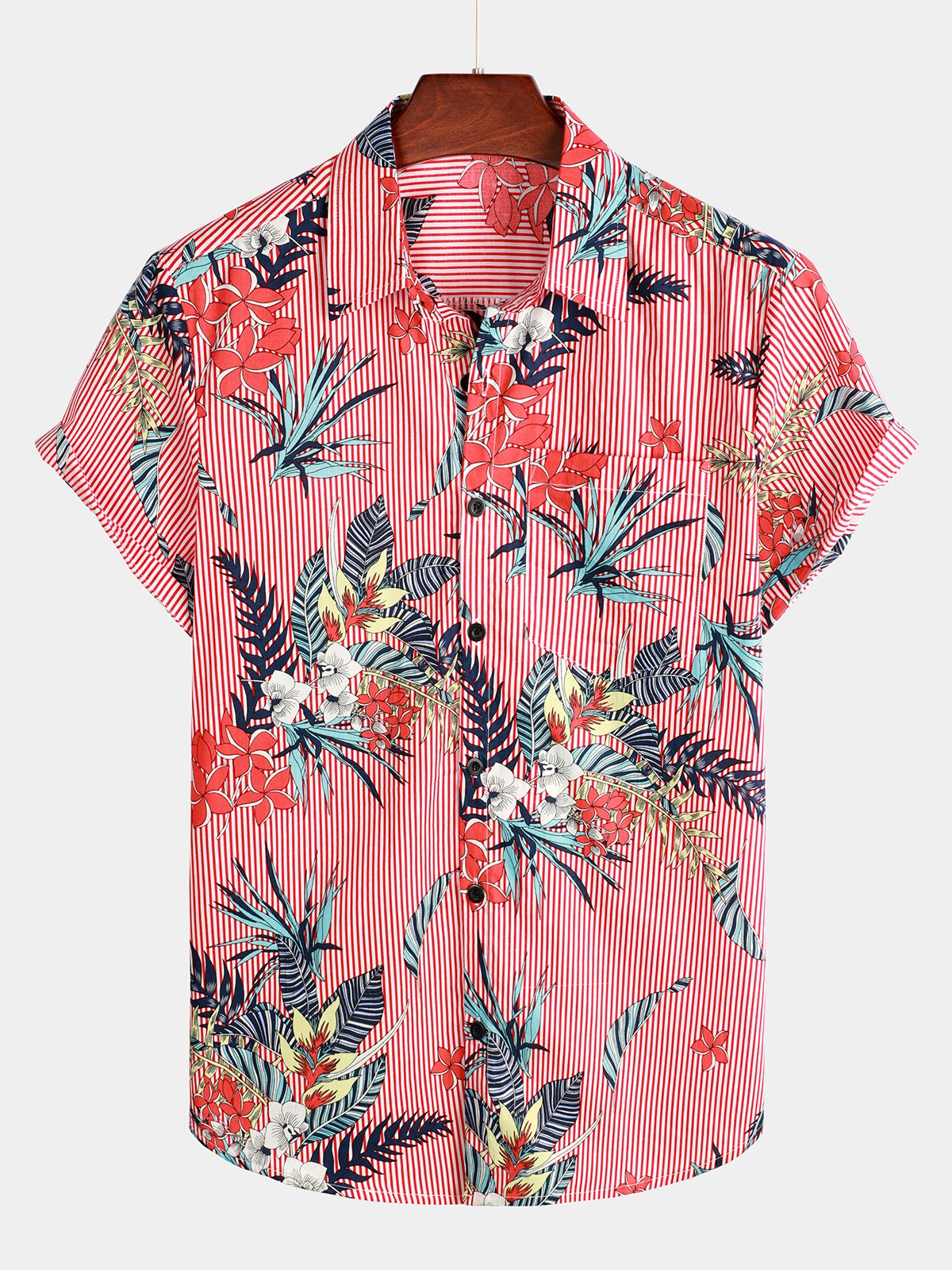 Men's Casual Floral Pocket Cotton Striped Pink Shirt