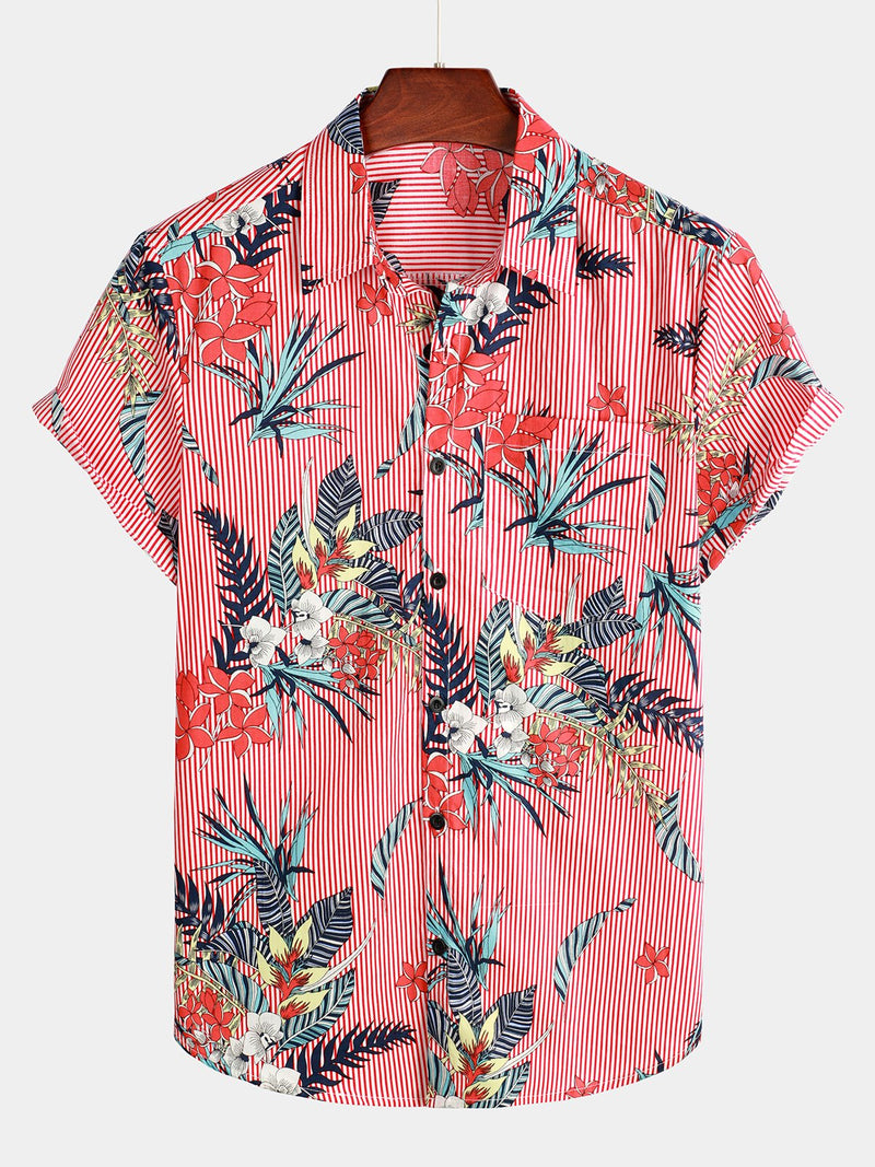 Men's Casual Floral Pocket Cotton Striped Pink Shirt
