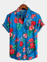 Men's Floral Cotton Tropical Hawaiian Blue Shirt