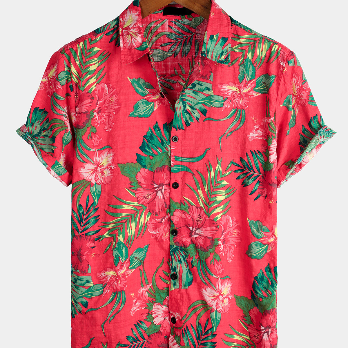 Men's Floral Tropical Hawaii Cotton Red Shirt