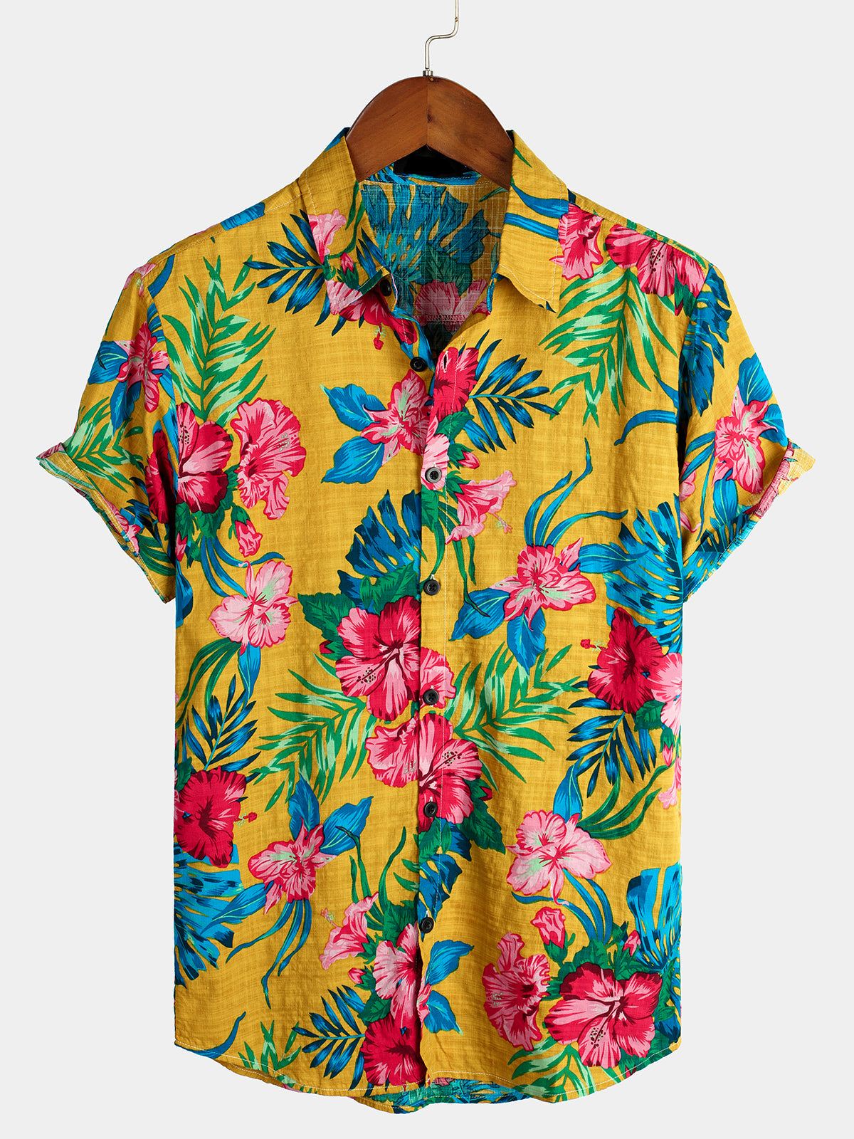 Men's Floral Tropical Hawaiian Yellow Short Sleeve Shirt
