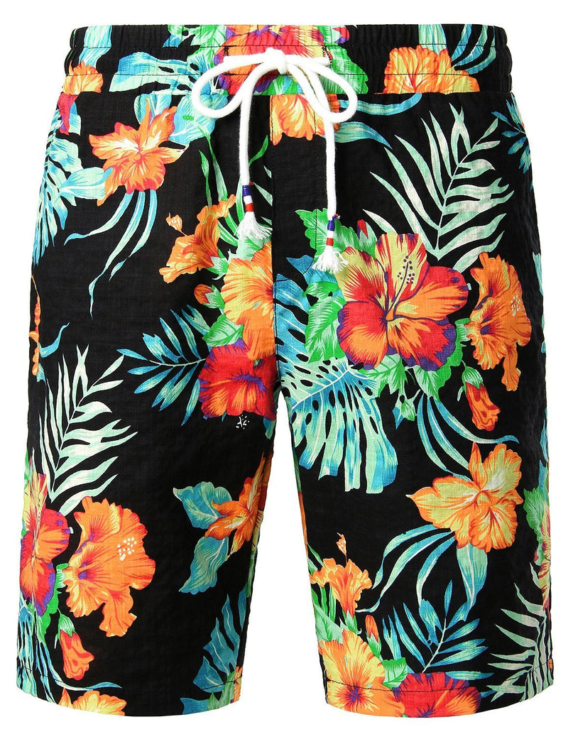 Men's Flower Flat Front Casual Aloha Hawaiian Shorts Pants