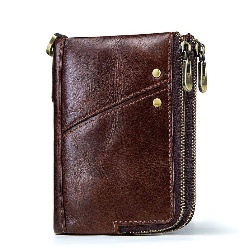 Men's RFID Genuine Leather Double Zipper Multi-Functional Wallet